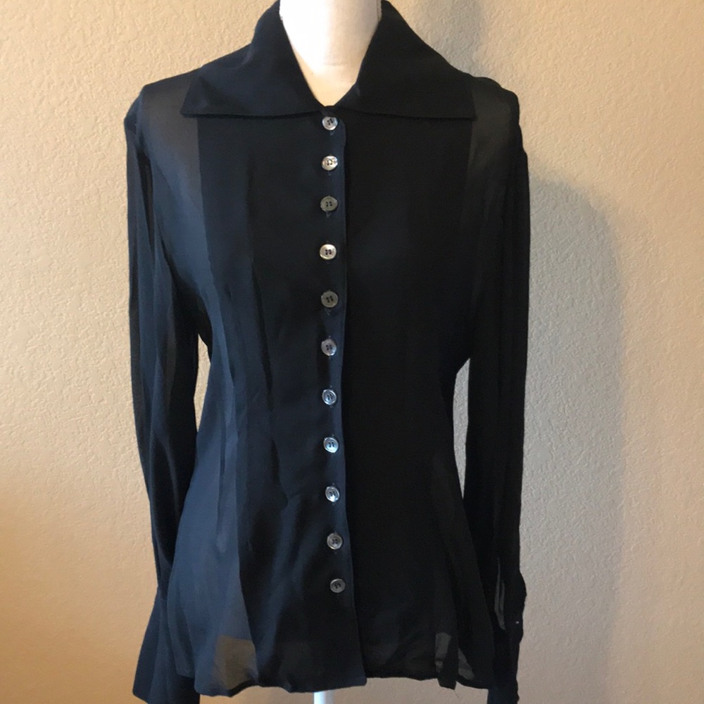 ABS sheer vintage black chiffon button down blouse